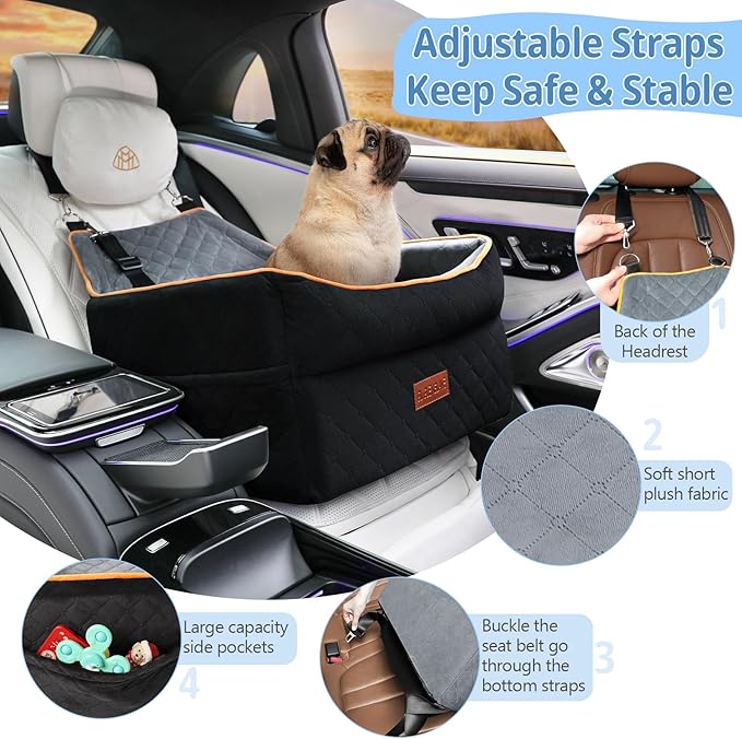 GL GLENSLAVE Dog Car Seat for Small Medium Dogs, Memory Foam Dog Booster Car Seat for Pets Under 35 lbs, Anti-Slip Pet Carseat with 2 Adjustable Leashes, Elevated Dog Travel Bed with Storage Pockets