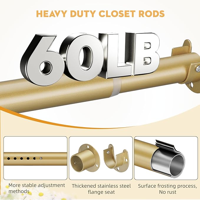 1.3 Inch Diameter Closet Rods for Hanging Clothes 17-100 Inch Adjustable, Metal Heavy Duty Closet Pole, Gold Closet Bar for Hanging Clothes, Suitable for Closet, Wardrobes, Bathroom, Windows