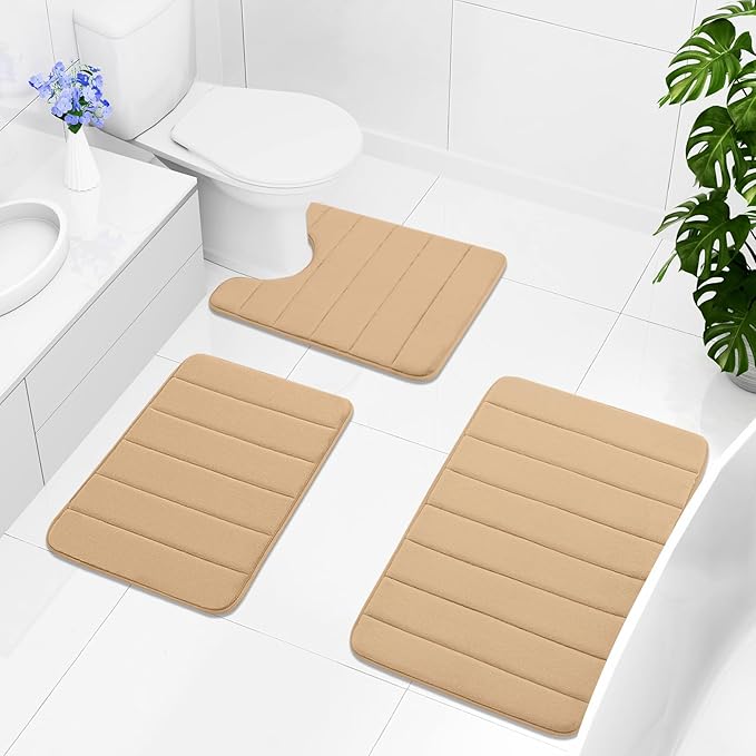 Buganda Memory Foam U-Shaped Contour Toilet Rugs, Non Slip Absorbent, Thick Soft Washable Bathroom Mat, Floor Carpet Bath Rugs Mat for Toilet Base (24" x 20", Camel)