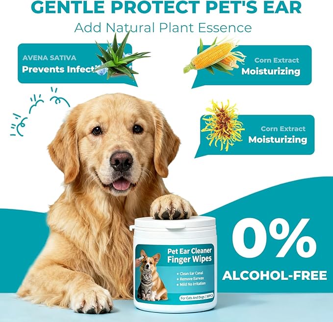 Falatong Pet Ear Cleaner Finger Wipes for Dogs, Cats, Gentle Alcohol-Free Formula, Removes Wax, Debris, 50 Count, Vet Approved, 4x8cm