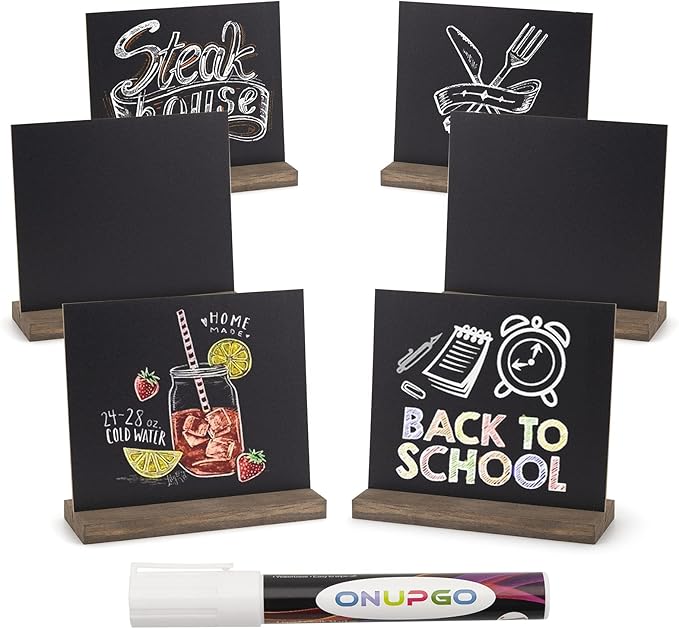 ONUPGO Chalkboard Signs - 5x6 Inch Double Side Mini Tabletop Chalkboard Sign with Stands, Set of 6 - Decorative Vintage Woode Chalkboard Table Signs Small Message Chalk Board Sign