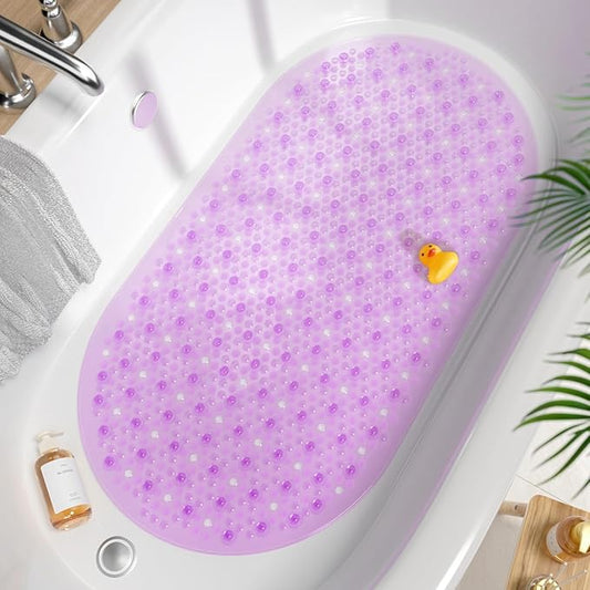 HITSLAM Oval Bathtub Mat Non Slip, 27x15 Inch Bubble Bath Tub Mat for Bathroom, Machine Washable Shower Mat with Suction Cups and Drain Holes, Purple
