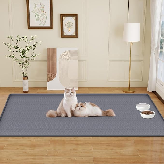 Bartuke Cat Food Mat, 51" x 25.6" Extra Large Silicone Pet Feeding Mat with Raised Edge Pet Placemat for Food and Water Bowl Non-Slip, Easy to Clean, Floor Protection (Dark Grey)