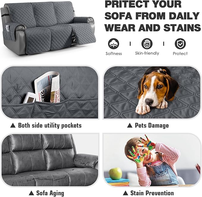 TAOCOCO 100% Waterproof Recliner Couch Covers, Recliner Sofa Covers with Leg Straps, 1-Piece Washable Reclining Sofa Cover with Pocket Couch Protector for Pets Kids(3 Seater, Dark Grey)