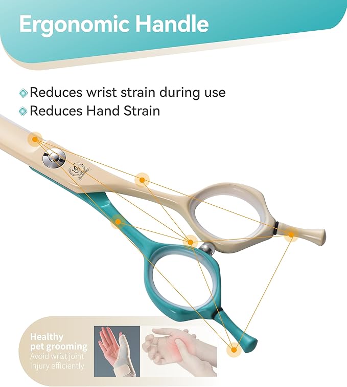 Fenice Peak Curved Dog Grooming Scissors with Coating 440C Stainless Steel, 7 inch Professional Curved Shears Dog Grooming，25 Degree of Curved Blade，Pet Shear for Trimming Face and Paws, Green & White