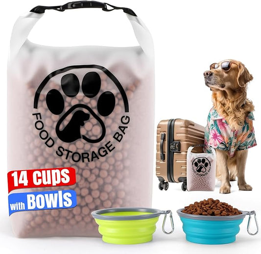 Pet Food Storage Bag for Travel - Transparent Leak-Proof Dog Food Container with Roll-Top Closure, Keeps Kibble Fresh for Camping Trip, Dog Boarding, Weekend Getaways (14 Cups+bowl)