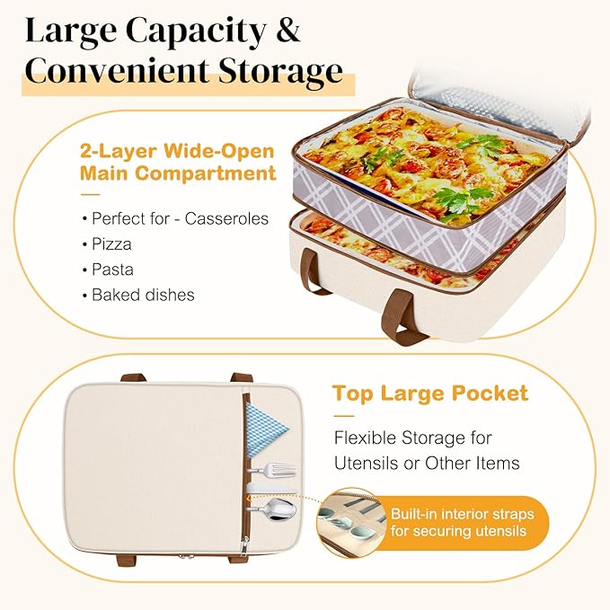 Coobiiya Insulated Casserole Carrier – Portable Tote for Hot or Cold Food, Warmer & Cooler Bag Lunch Bag, Fits 9" x 13" Baking Dish, Ideal for Potluck Parties