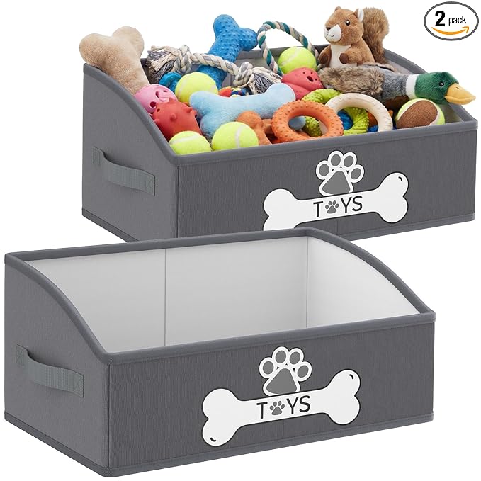 Optish 2 Pack Dog Toy Basket, Foldable Dog Toy Box with Handles, 19.7" X 11" X 7.9" Large Basket Specially Designed for Dog Toy Storage, Suit for Storing Pet Toys and Accessories, Grey