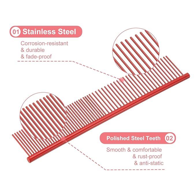 PETAXCELL Dog Cat Comb, Pet Combs Stainless Steel Teeth with Rounded Ends for Knots Mats Loose Hair Removal, 6.5/7.5IN (Red Coated, 2 Pack), Grooming Tool Intended for Long Curly Hair Pet