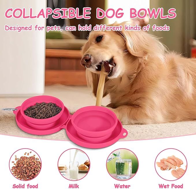 PNEUICALLY Collapsible Dog Water Bowl 2 in 1 Foldable Pet Food and Water Bowl Portable Cats Dishes with Carabiner Clip for Traveling Hiking Camping Walking (Pink)