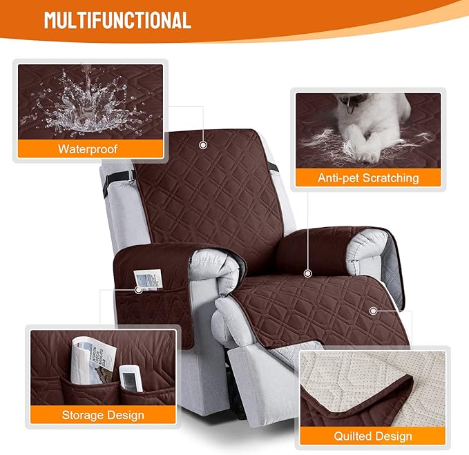 VANSOFY 100% Waterproof Recliner Chair Covers, Recliner Cover Non-Slip Dog Chair Cover Furniture Protector Washable Slipcover with Pocket, Elastic Straps for Pets, Dogs(Coffee, 20")