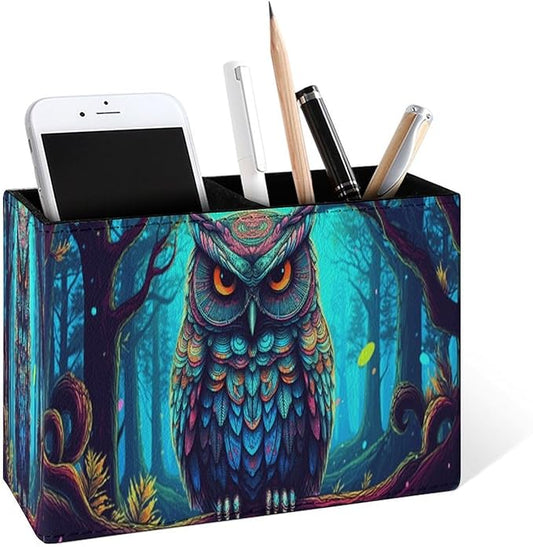 Famame Drawn Owl Pencil Holder for Desk, Leather Desktop Container Pen Cup Storage Study Table Pen Organizer Makeup Brush Holder for Classroom Office Home
