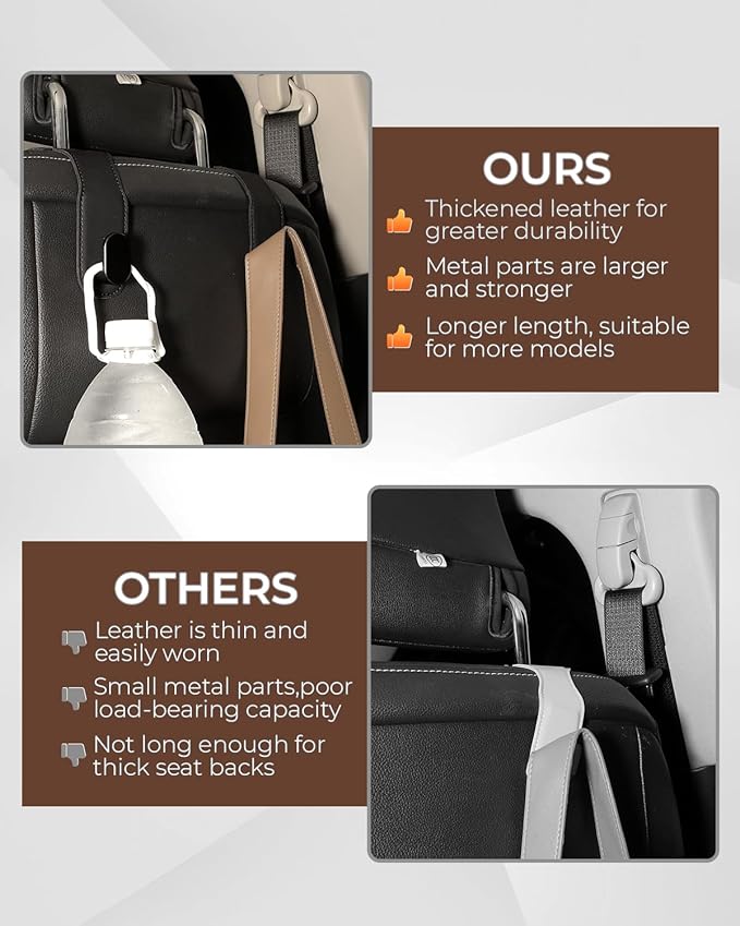 4-Pack Heavy-Duty Car Headrest Hooks, Premium PU Leather & Stainless Steel Seat Organizer for Purses, Bags, Groceries (Holds 44 lbs), Universal Fit for All Cars, Easy Installation
