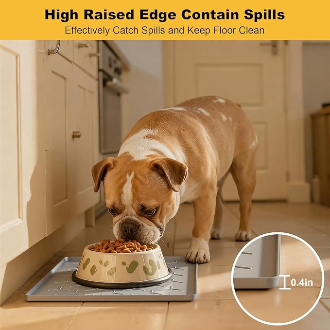 Pieviev Dog Cat Food Bowl Mat, Silicone Waterproof Food Grade Pet Food Mat for Floor, High Raised Edge to Prevent Spills, Non-Slip & Easy Clean Pet Placemat for Dog & Cat Bowls, 16''x12'', Light Gray