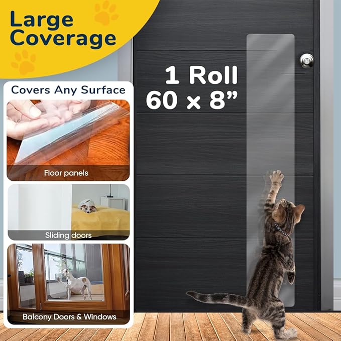 PROTECTO Cat & Dog Scratch Door Protector with Utility Knife - 60" x 8" Clear Wall Protector for Pet Scratching - Sticky and Self-Adhesive Deterrent Vinyl Surface - Easy Customization & Installation
