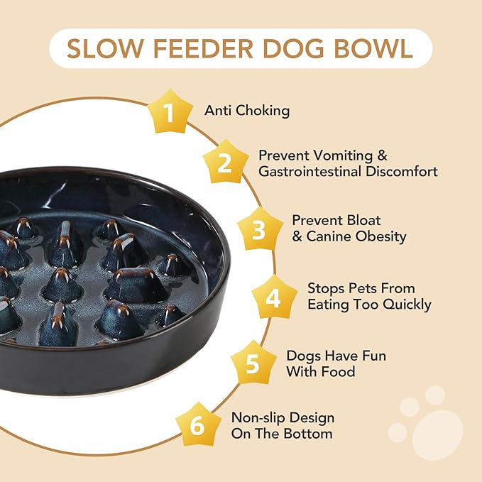 Ceramic 1.6 Cup Raised Slow Feeder Dog Bowl Set, Elevated 7.3inch Bowl and 8.2inch Slow Feeder Dish with Acacia Wood Stand for Medium and Large Dogs (2 x Starry Sky+ Stand)