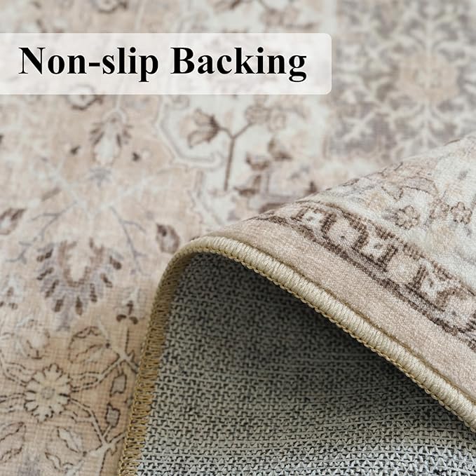 Hallway Washable Runner Rug - 3x6 Kitchen Rugs Entryway Rug Runner Vintage Soft Floor Mat Non Slip Indoor Farmhouse Carpet for Bathroom Living Room Bedroom (3 X 6, Beige)