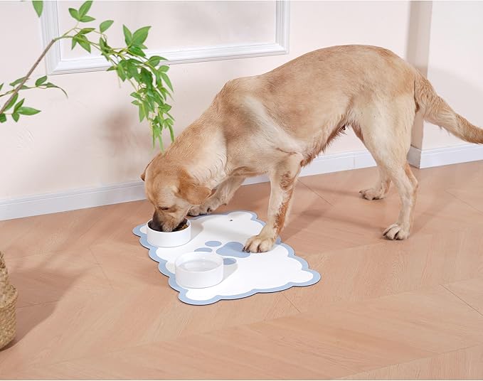 Ralxion Scalloped Dog Feeding Mat, Absorbent Mats for Dog Food and Water Bowl, Dispenser, Cute Elegant Aesthetic Water Blue Scallop Pet Placemat for Dogs, Cats, Puppy Accessories, 17" X 24”