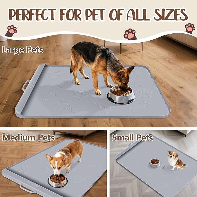 Dog Food Mat with Collection Pocket, 42''x28'' Extra Large Silicone Pet Feeding Mat for Food and Water, Waterproof Anti-Slip Dog Mat with Edge and Handle, Pet Placement for Floor(Light Grey)