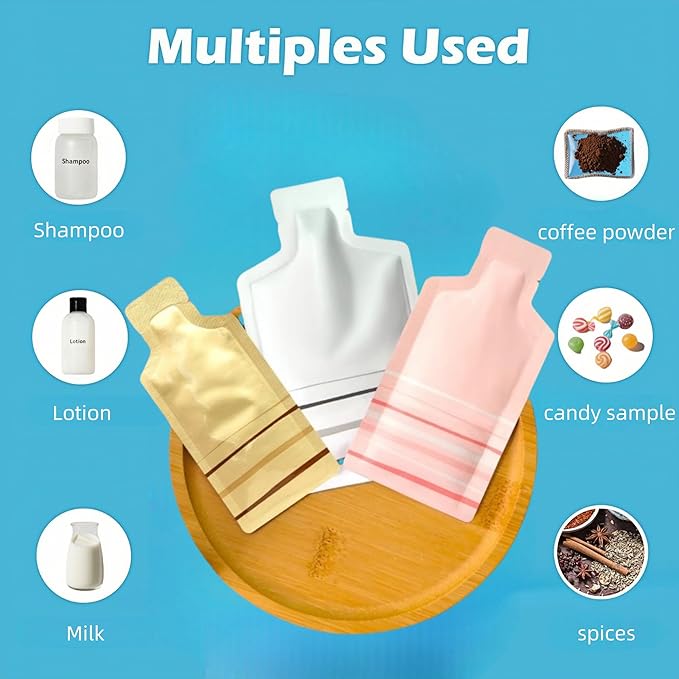 PABCK 100 Pcs Disposable Open Up Mylar Storage Bags Cosmetic Shampoo Liquid Containers Sample Pouch Heat Seal Foil Bag Travel Use Packets for Toiletries Skincare Lotion (White, 1.97x4.33 inch)