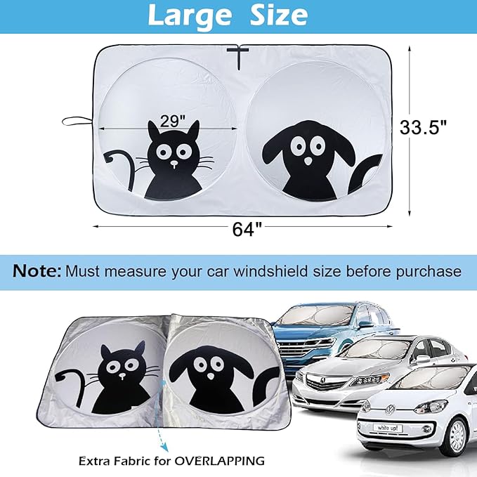 IC ICLOVER Car Windshield Sunshade with Pet Design, Cute Cartoon Design Front Auto Car Windshield Sun Shade Folding Silvering Sun Visor - UV Coating for UV Ray Deflector (Dog & Cat) -Large