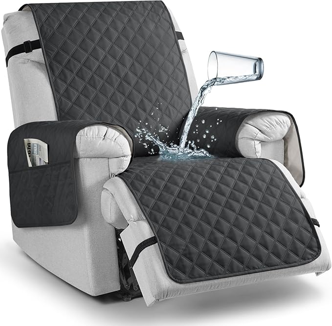 TAOCOCO 100% Waterproof Recliner Chair Cover Non-Slip Reclining Cover for Recliner Chair Washable Chair Cover with Elastic Straps for Pets Sofa Slipcover with Pocket (Oversized 28'', Charcoal Gray)