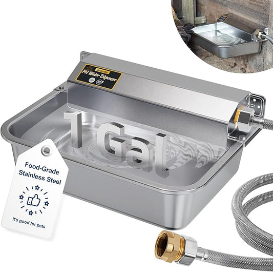 1Gal/3.8L Automatic Water Dispenser for Dogs, Patented Automatic Dog Waterer Bowl for Outdoor, Stainless Steel Water Bowl Dispenser for Livestock Chicken, Dog Feeder Fit 3/4'' GHT Faucet