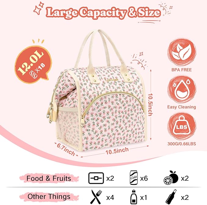 Lunch Bag Women Insulated Lunch Box Wide-Open Lunch Tote Bag Large Drinks Holder Durable Nylon Thermal Snacks Organizer for Men Adults Work Picnic Hiking Beach Fishing, Red Flower