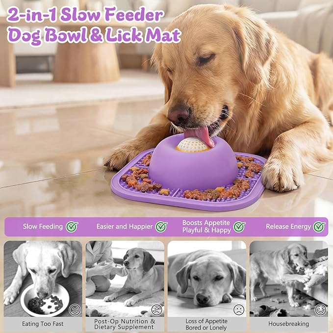 Slow Feeder Dog Bowls & Lick Mat for Liquid and Thick Treat, Anti-Slip Dog Lick Bowl with Interactive Rolling Ball, 5/6 Cup Pup Licking Toy for Large Medium Small Dogs and Cats Purple