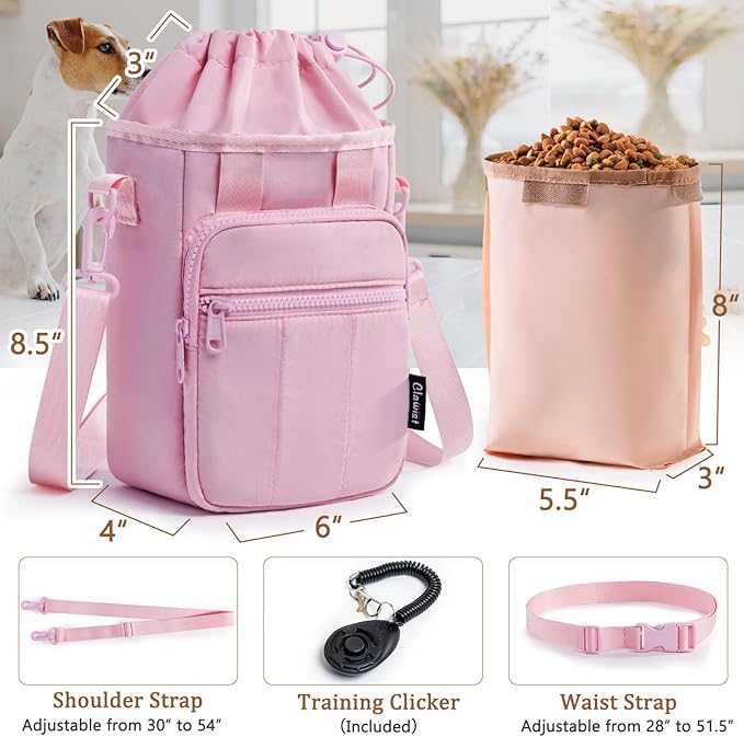 Stylish Dog Training Treat Pouch with Waist & Shoulder Strap, Dog Treat Bag for Walking and Training, Removable Waterproof Liner, Drawstring Treat Holder with Front Pocket & Clicker