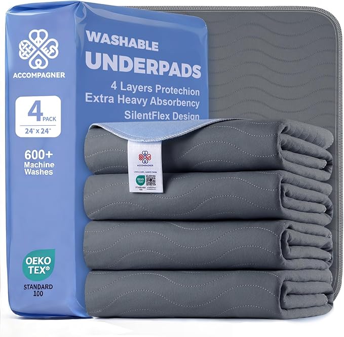 Accompagner Waterproof Reusable for Adults and Pets Washable Pee Pads for Dogs Changing Pad Large Dog Bed Size Adults Incontinence Bed Pads - Non-Slip Leak-Proof (Dark Gray, 24"x24"(Pack of 4))