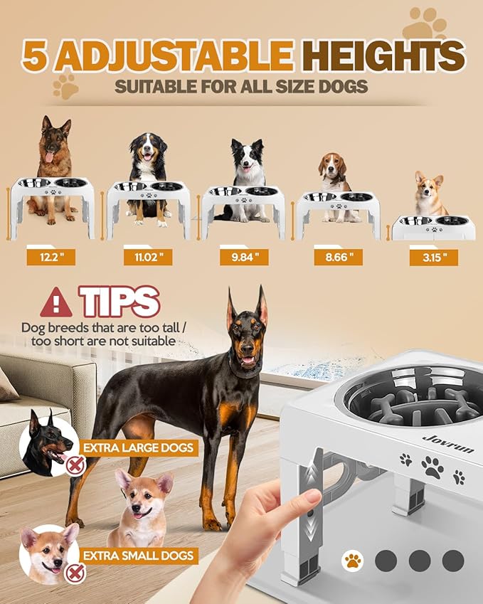 Jovrun Elevated Dog Bowls, Dog Feeder with Stainless Steel Dishes & Slow Feeder Bowl, 5 Heights Adjustable Raised Stand for Medium Large, Food Dishes with Non-Slip Feet