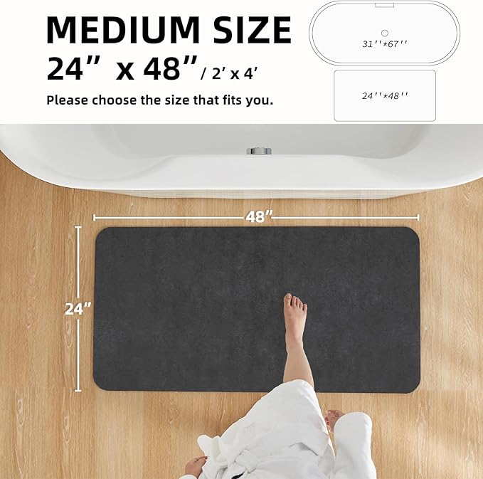 Bath Mat, Bathroom Rugs Non Slip Washable Thin Absorbent Quick Dry Bath Mat Fits Under Door Bathroom Floor Mat Perfect for Bath, Shower, or Sink 24"x48" Dark Grey