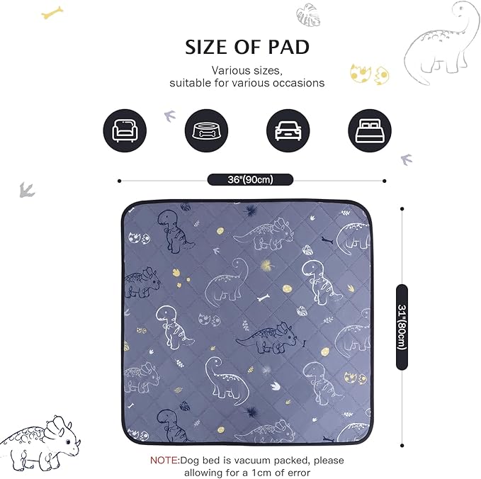 IEUUMLER Washable Pee Pads for Dogs, 2 Pack Non-Slip & Waterproof Whelping Pad, Reusable Puppy Potty Training With Fast Absorbent for Playpen EU007 (Gray Dinosaur, 31"X36"-2pcs)