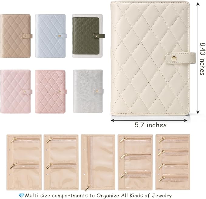 Vlando Small Jewelry Book Organizer - Leather Travel Jewelry Case with 5 Detachable Pages for Necklaces, Rings, Earrings, Tangle-Free, Giftable, Croco White