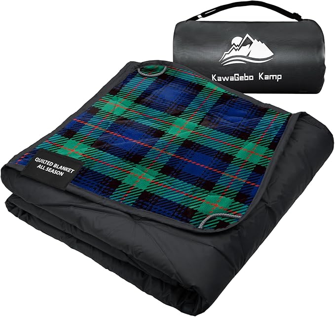 KawaGebo Kamp Outdoor Waterproof Blanket, Foldable Fleece Stadium Blanket for Outdoor Sports Event, Camping, Car, Pet, Picnics - Windproof, Wearable, Machine Washable 80" x 58" (Green Check)
