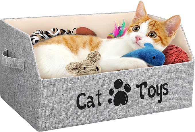 LOVSTORAGE 2X Thicker Large Cat Toy Bin Collapsible Cat Toy Box Sturdy Cat Toy Basket Kitten Toy Storage Bed for Organizing Cat Toys Treats Clothes and Accessories (Grey)