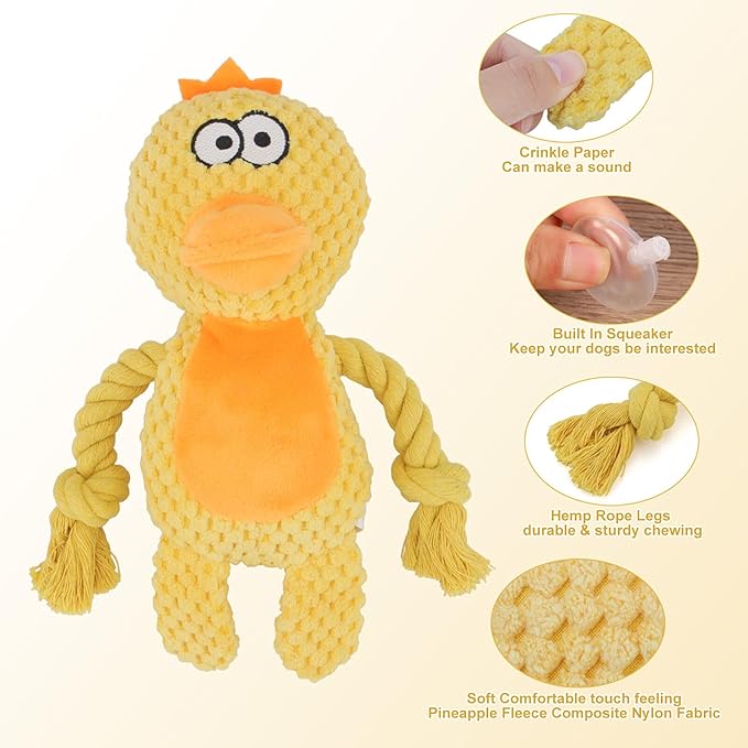 TONYFY Dog Toys, Dog Squeaker Toys with Crinkle Paper, Stuffed Animal Dog Plush Chewing Toy, Cotton Rope Interactive Toys for Puppy, Small, Middle Dogs (Yellow Duck)