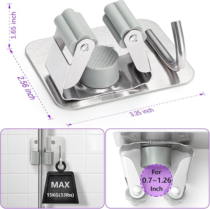 Broom Holder Wall Mount Screw Drilling, Sturdy Heavy Duty Stainless Steel Mop Gripper Rack Perforated, Perfect for Laundry Room Organizer, Fit with Laundry Kitchen Garage Garden Storage System