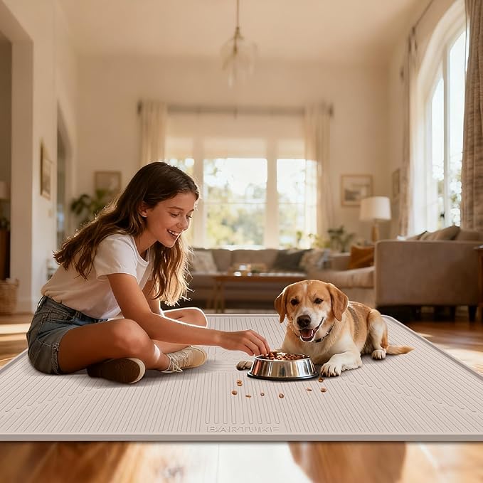 Lorvain Dog Food Mat, 45" x 30" Silicone Pet Feeding Mat with Raised Edges, Extra Large Pet Placemat for Dog Cat Food and Water Bowl Non-Slip, Easy to Clean, Waterproof & Floor Protection, Beige