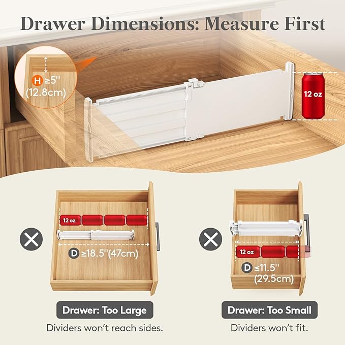 Lifewit 5" Tall 5 Pack Deep Drawer Dividers, 30 –47cm/11.5-18.5" Expandable Drawer Divider for Clothes, White Dresser Drawer Storage Organizers, Clothing Drawers Separators for Dresser Kitchen Bedroom