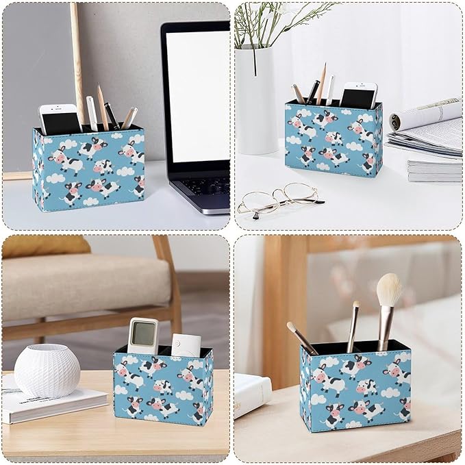 Famame Clouds Cute Cow Pencil Holder for Desk, Leather Desktop Container Pen Cup Storage Study Table Pen Organizer Makeup Brush Holder for Classroom Office Home