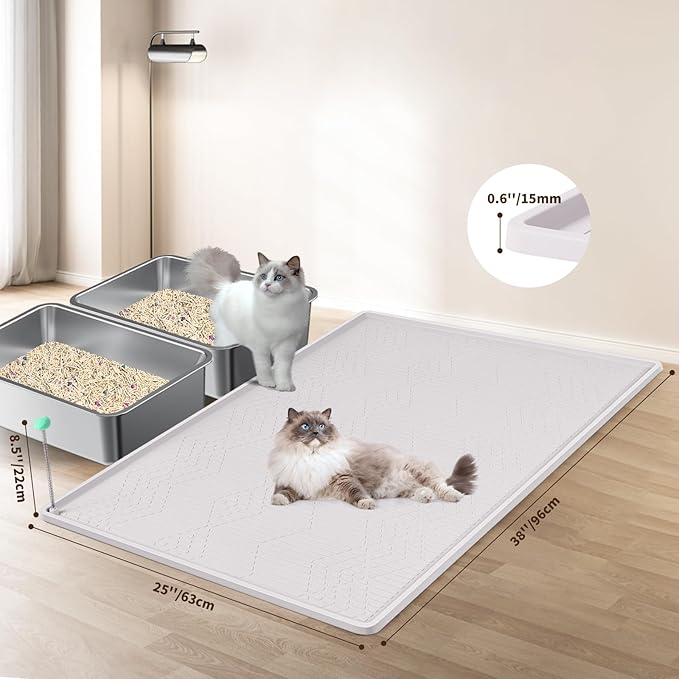 Bartuke Large Cat Litter Mat with Toy Ball, 38'' x 25'' Silicone Cat Litter Trapping Mat for Scatter Control, Soft on Kitty Paws, Easy to Clean (White)