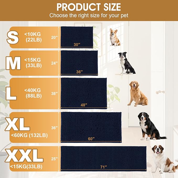 Extra Large Dog Door Mats for Muddy Paws, 71" x 25" Chenille Absorbent Mud Mat for Dogs, Non Slip Heavy Dog Rugs For Muddy Paws, Soft Indoor Door Mat for Entryway, Mud Paw, Inside Floor, Navy Blue