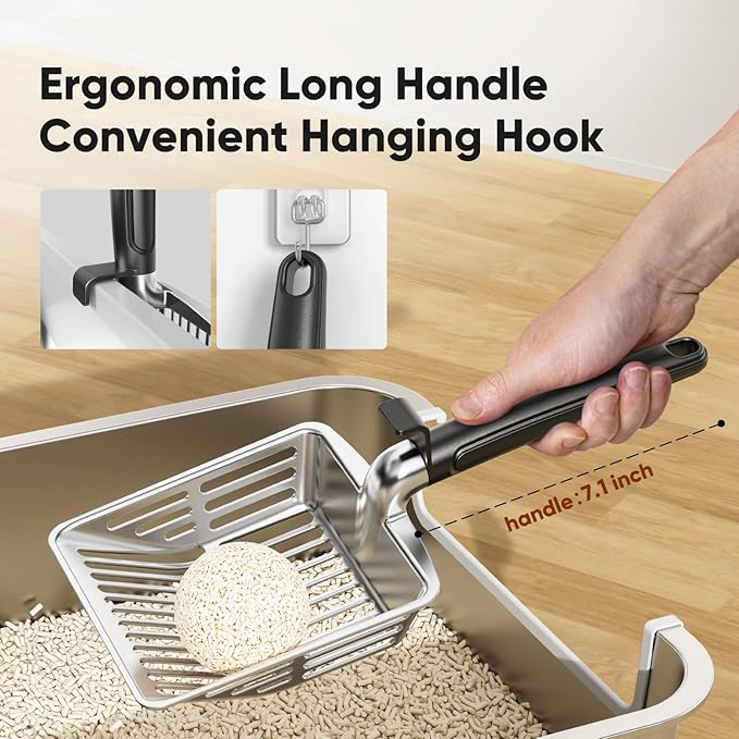 KooMooM Metal Cat Litter Scoop, Large Cat Scooper with Deep Shovel & Dual Sifting Holes for Fast & Precise Sifting, Space Aluminum Kitty Litter Scooper with Long Handle & Easy-to-Hang Hook - Black