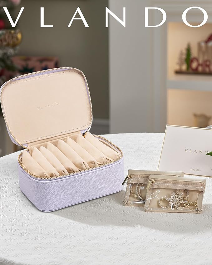 Vlando Jewelry Travel Case,Travel Jewelry Organizer with Clear Velvet Jewelry Bags Zipper Pouch for Women Girl Gift- 8Pcs Purple