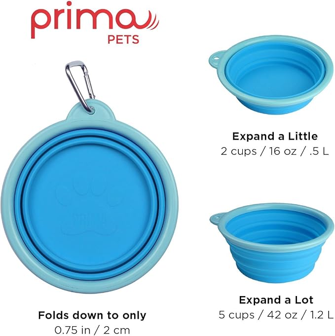Prima Pet Expandable / Collapsible Silicone Food & Water Travel Bowl with Clip for Medium & Large Dog, Portable and Durable Pop-up Feeder for Convenient On-the-go Feeding, Size: 5 Cups (7 Inch Diameter Bowl) (LARGE (5 CUPS), AQUA)