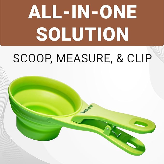 MeasureMate Pet Food Scoops with Bag Clip for Dog and Cat - 3-in-1 Multi-Function Collapsible Food Measuring Cup - 1 Cup Capacity, 8oz, Green - Dishwasher Safe