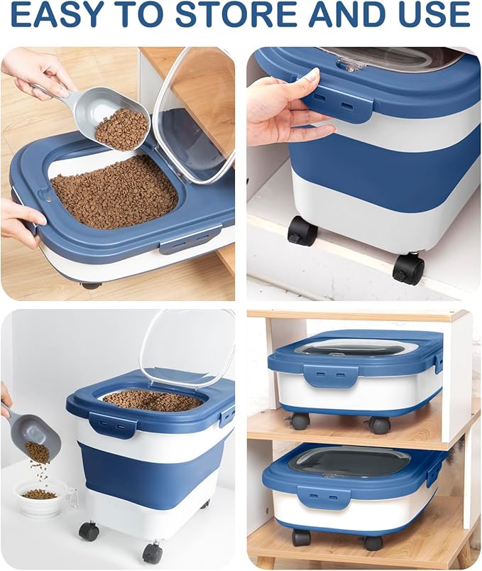 DDMOMMY 20-23 Lbs Dog Food Storage Container - Collapsible Dog Food Container with Wheels Airtight Lids, Scoop and Small Container, Pet Food Storage Dry Food For Dog, Cats and Other Pet (Blue)