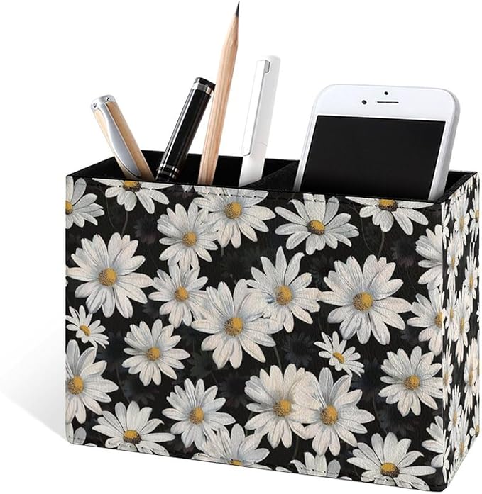 Famame White Daisies Seamless Leaves Pencil Holder for Desk, Leather Desktop Container Pen Cup Storage Study Table Pen Organizer Makeup Brush Holder for Classroom Office Home